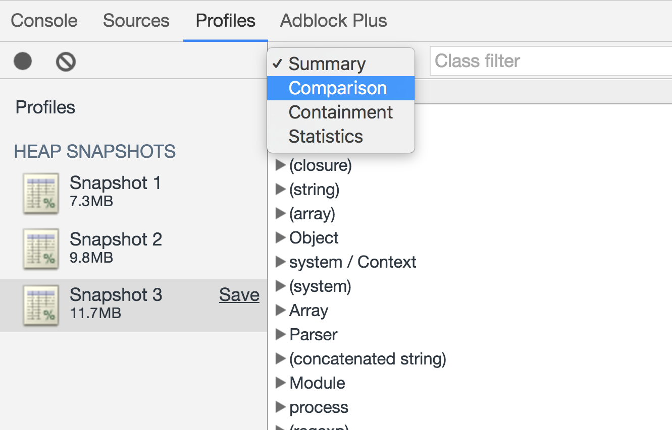 Screenshot demonstrating how to view a heap snapshot comparison