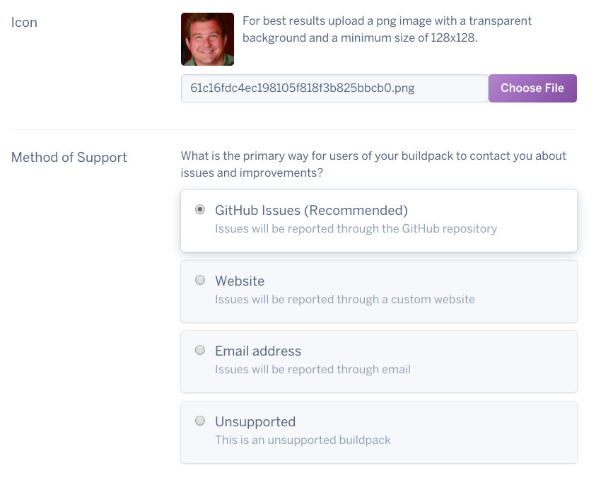 Third set of buildpack registration form fields