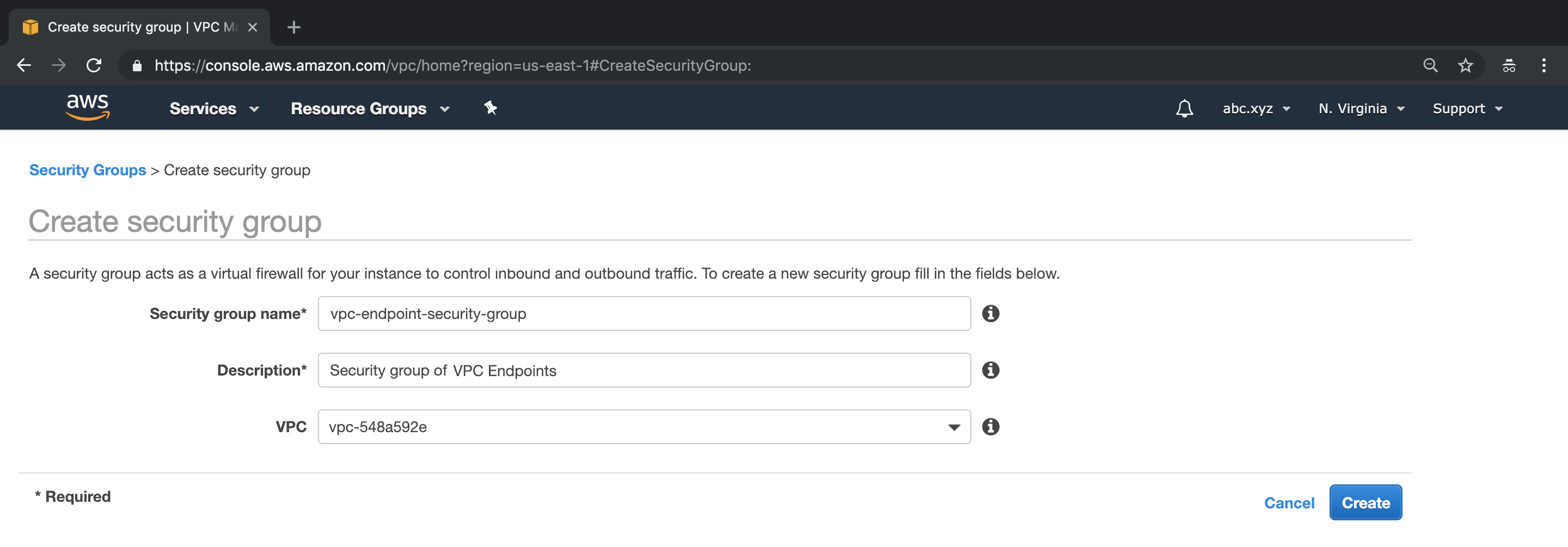 A screen capture showing the security group name and description being edited on the AWS Console