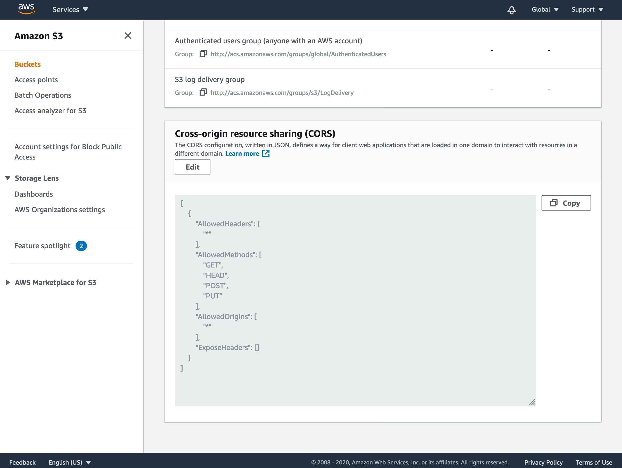 Locating the 'Permissions' tab and CORS configuration editor