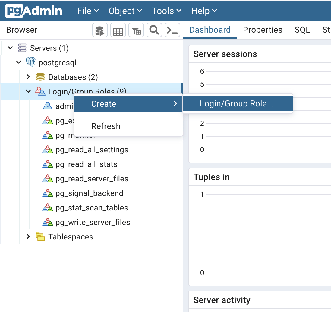Create a user in PostgreSQL using pgAdmin