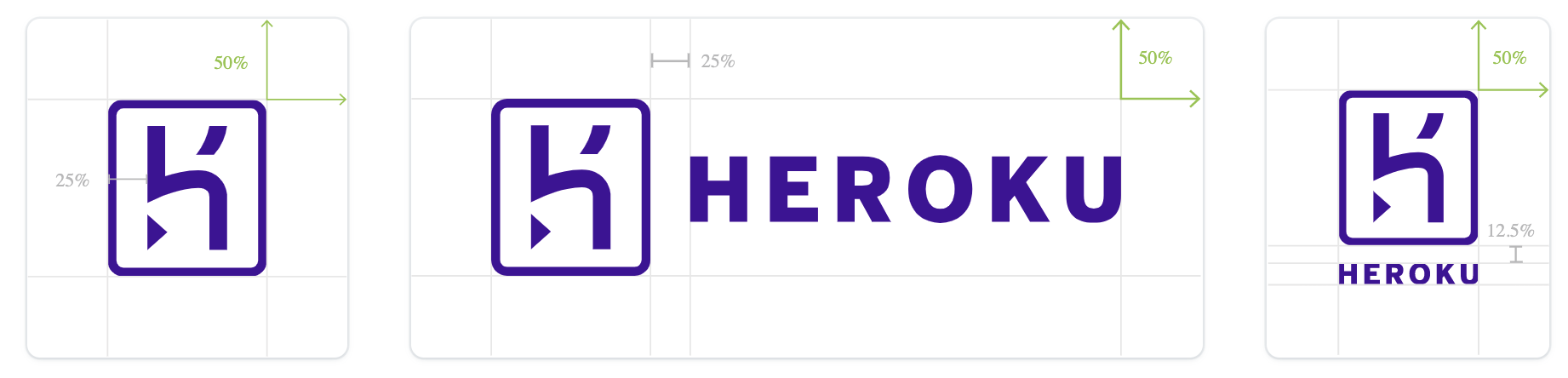 Dimensions for the Heroku logo, vertical logotype and horizontal logotype, from left to right