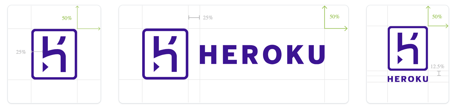 Heroku ロゴ、縦型ロゴタイプ、横型ロゴタイプの寸法 (左から右へ)