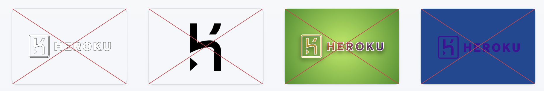 Heroku logo misuse examples of outlines, boundaries, multiple misuses and always using purple