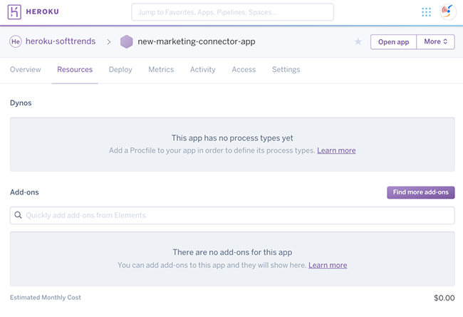 A screenshot of the Resources tab of a new Heroku app.