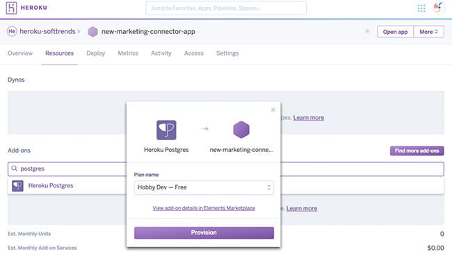 A screenshot of the interface for provisioning the Heroku Postgres add-on on the Heroku Dashboard.