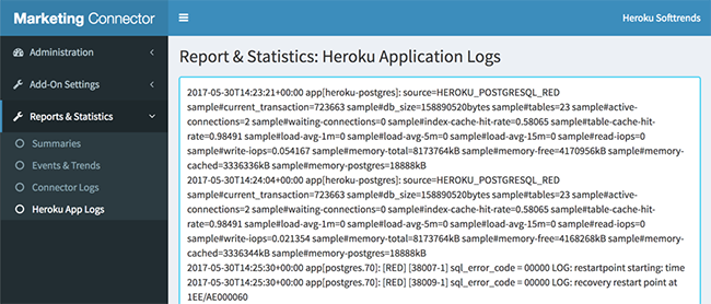 A screenshot of the Heroku Application Logs page showing a sample of the logs from the app Marketing Connector is attached to.