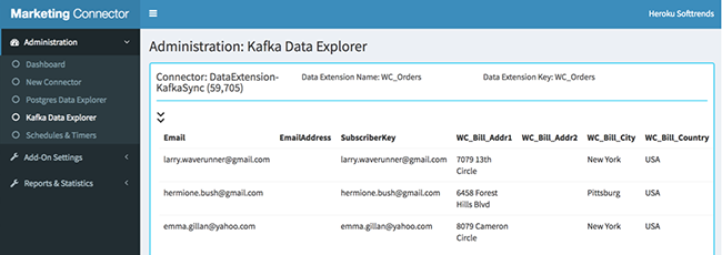 A screenshot of the Kafka Data Explorer displaying data synchronized from the marketing data connector to the defined Apache Kafka on Heroku topic.