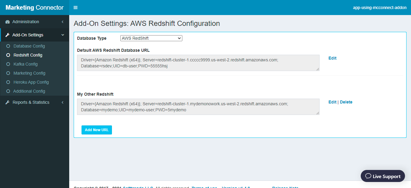 A screenshot showing the available settings for AWS Redshift configuration including the default connection string.