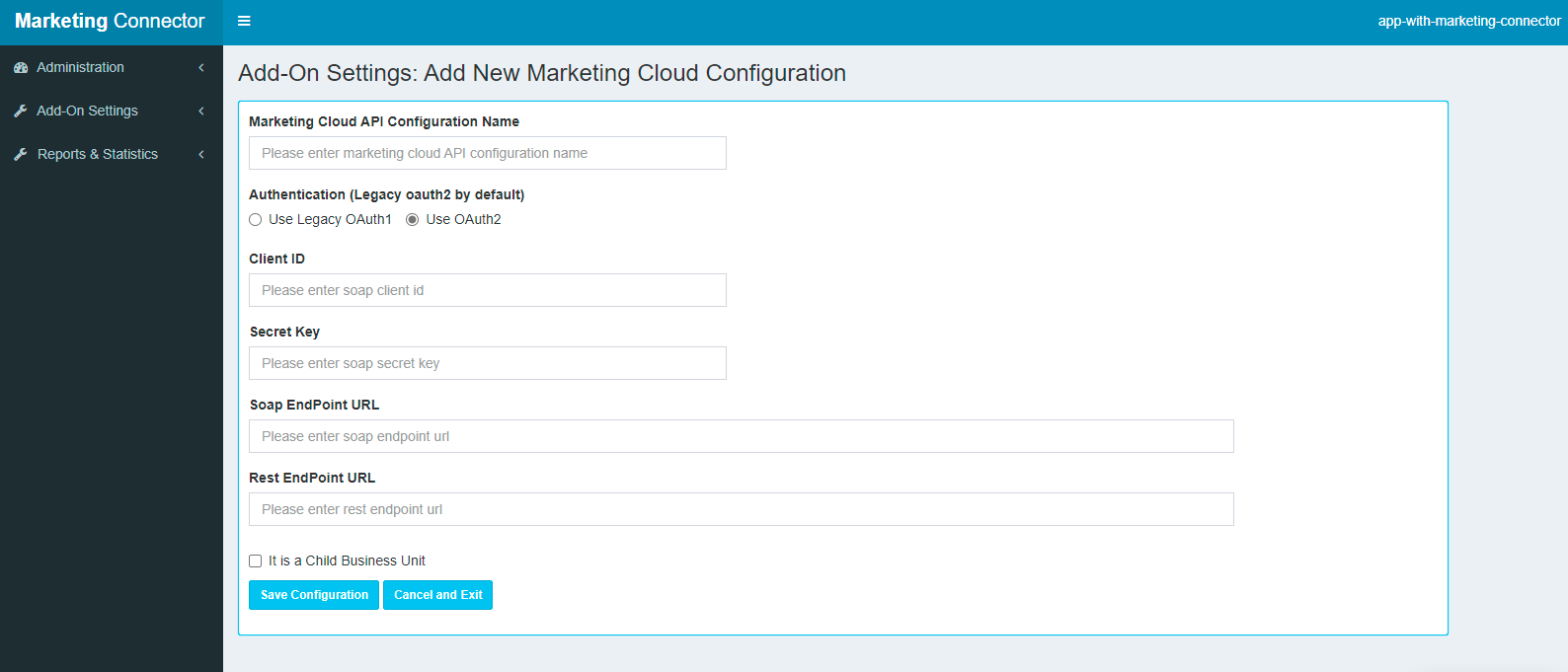 A screenshot of the Marketing Cloud configuration page showing the relevant fields for Marketing Cloud API Configuration.