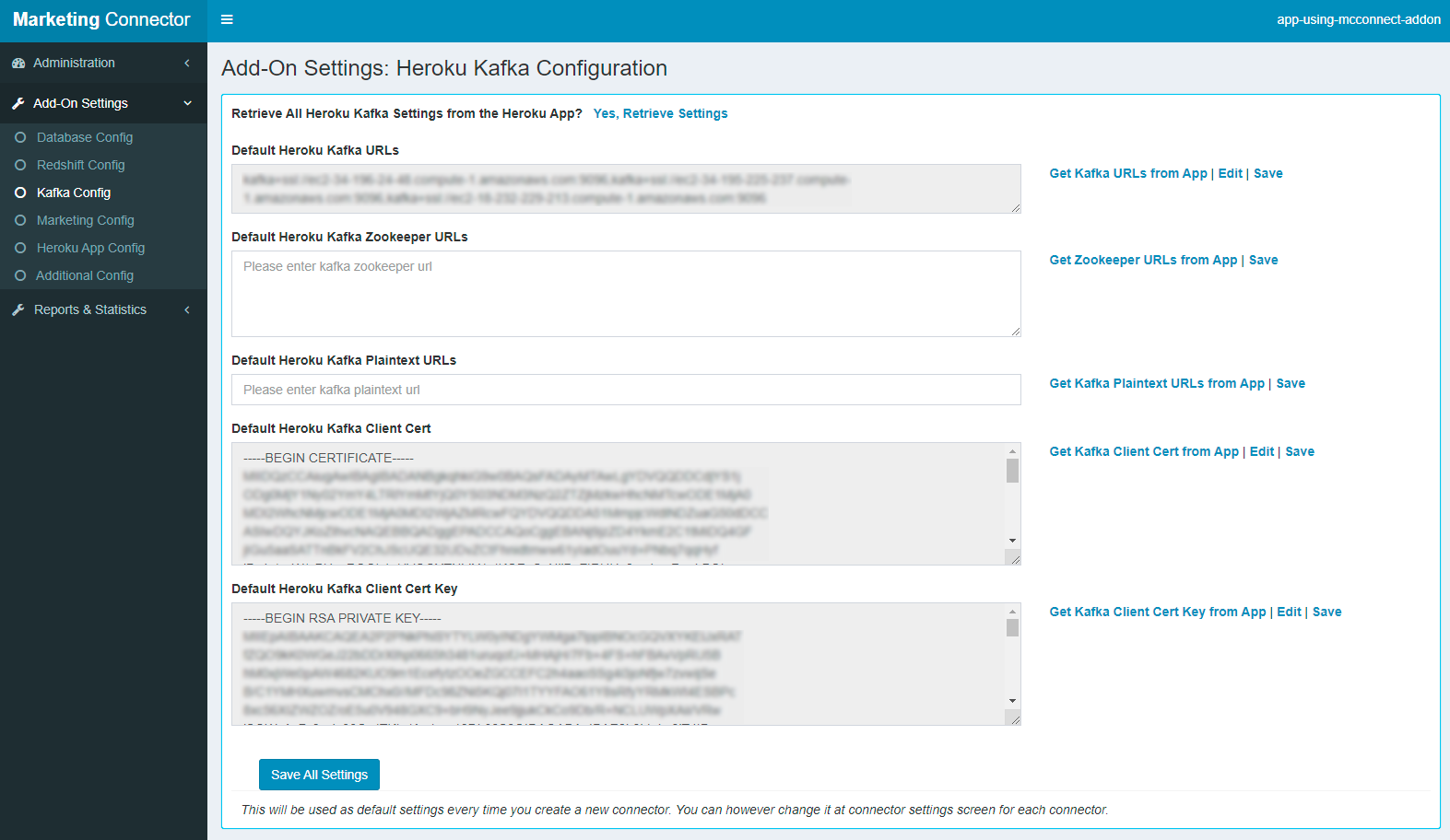 A screenshot showing detected Apache Kafka on Heroku URLs and related information.