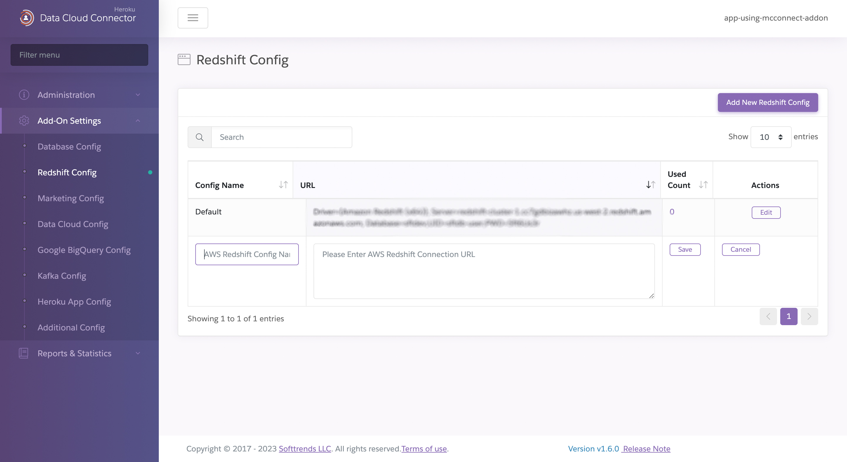 A screenshot displaying the Default AWS Redshift Database URL with the option to add an additional URL.