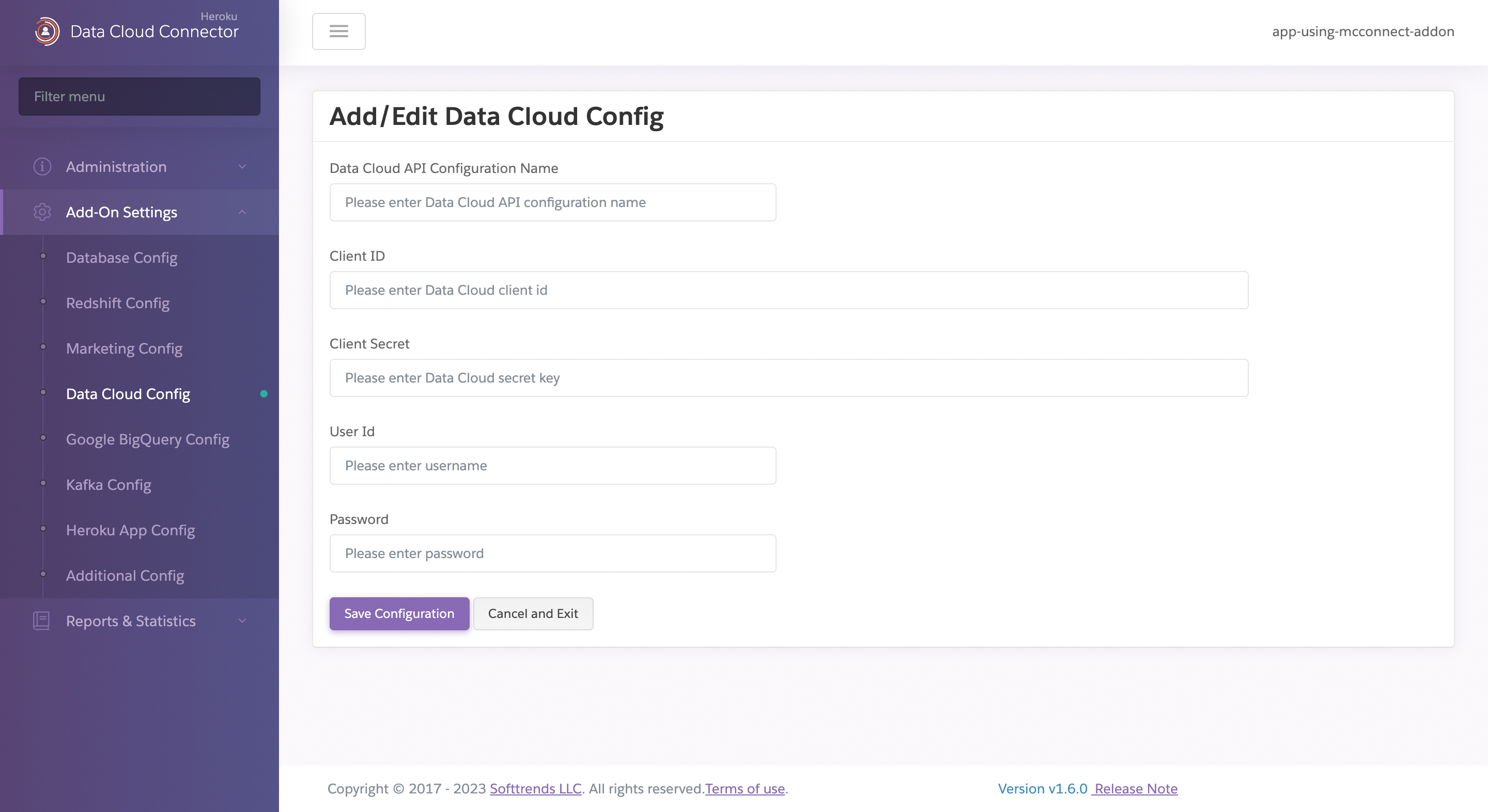 A screenshot of the Data Cloud configuration page showing the relevant fields for Data Cloud API Configuration.