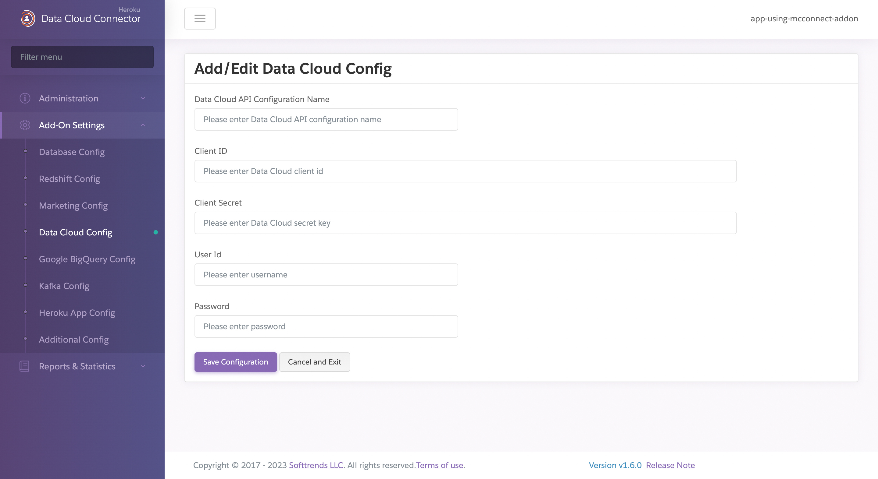 A screenshot showing the available settings for Data Cloud configuration including the the Client ID, secret key, and endpoint URLs.