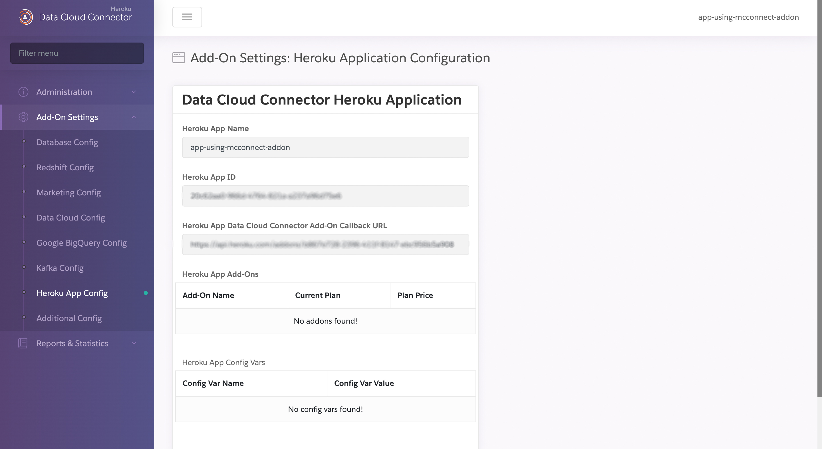 A screenshot of the Heroku Application Configuration page showing the app's name, app ID, and other settings.