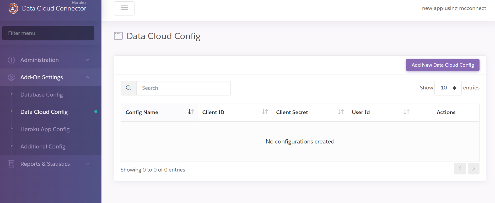 A screenshot when no Data Cloud configuration is created.