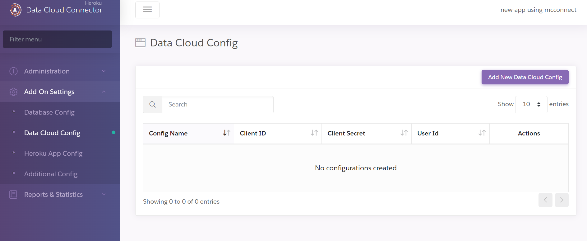 A screenshot displaying No existing Heroku Postgres configuration strings for a database configuration.