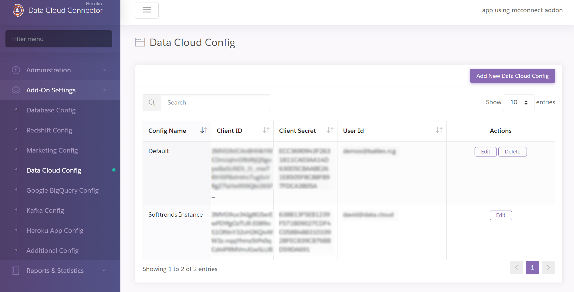 A screenshot of the Data Cloud Configuration page showing a list of configurations with the option to add additional configurations.