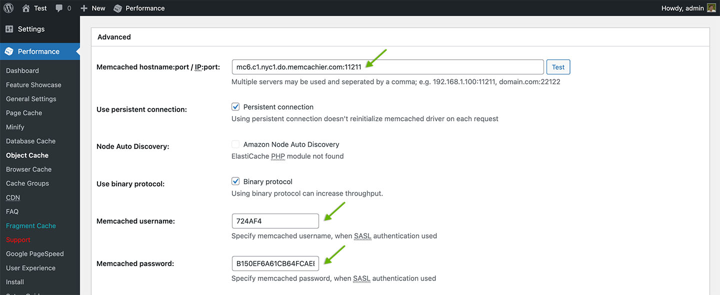 W3 Total Cache screenshot showing object cache settings